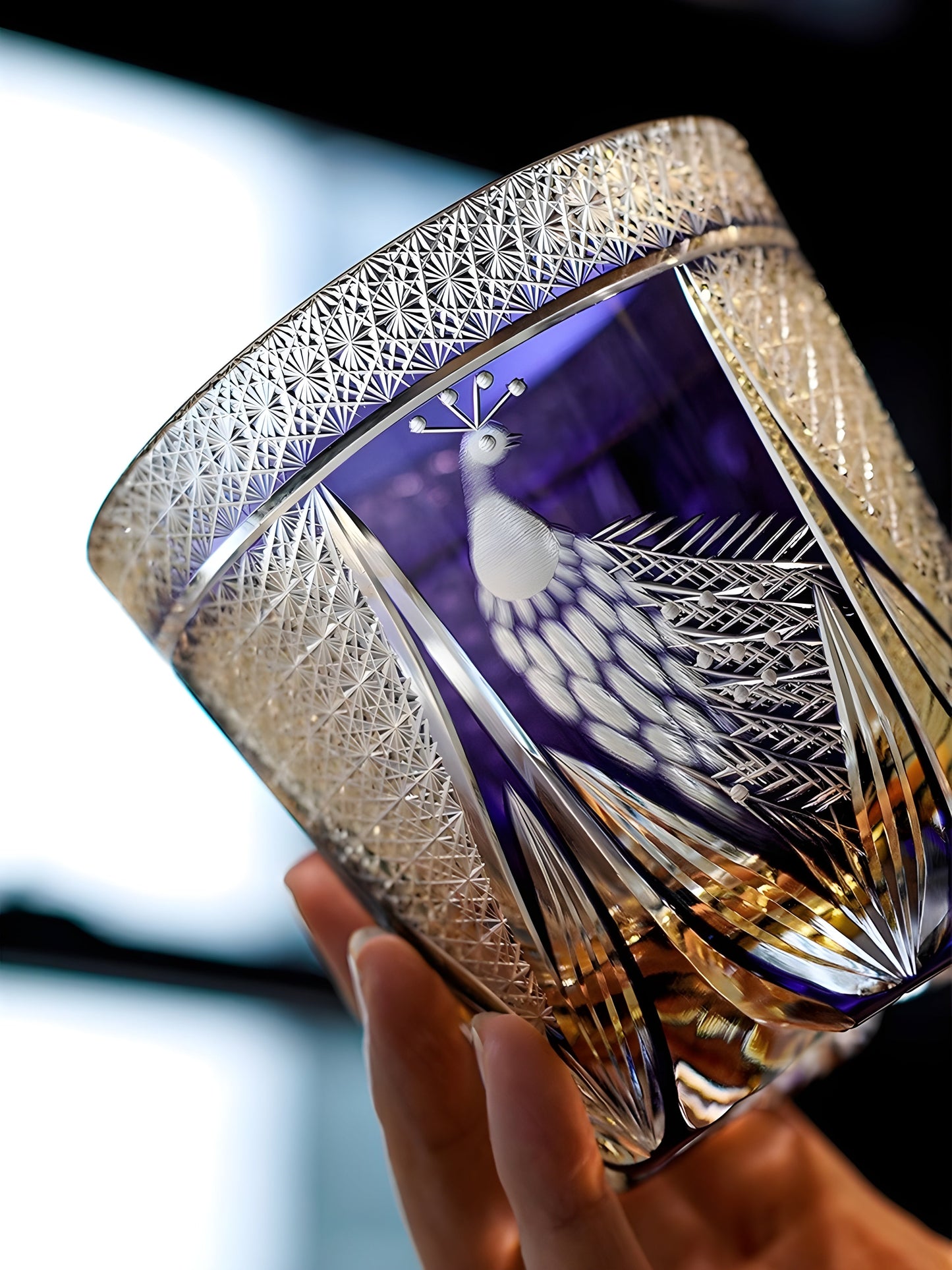 Bicchiere Edo Kiriko – ‘Pavone Viola’ – Scatola in legno GuerraHome