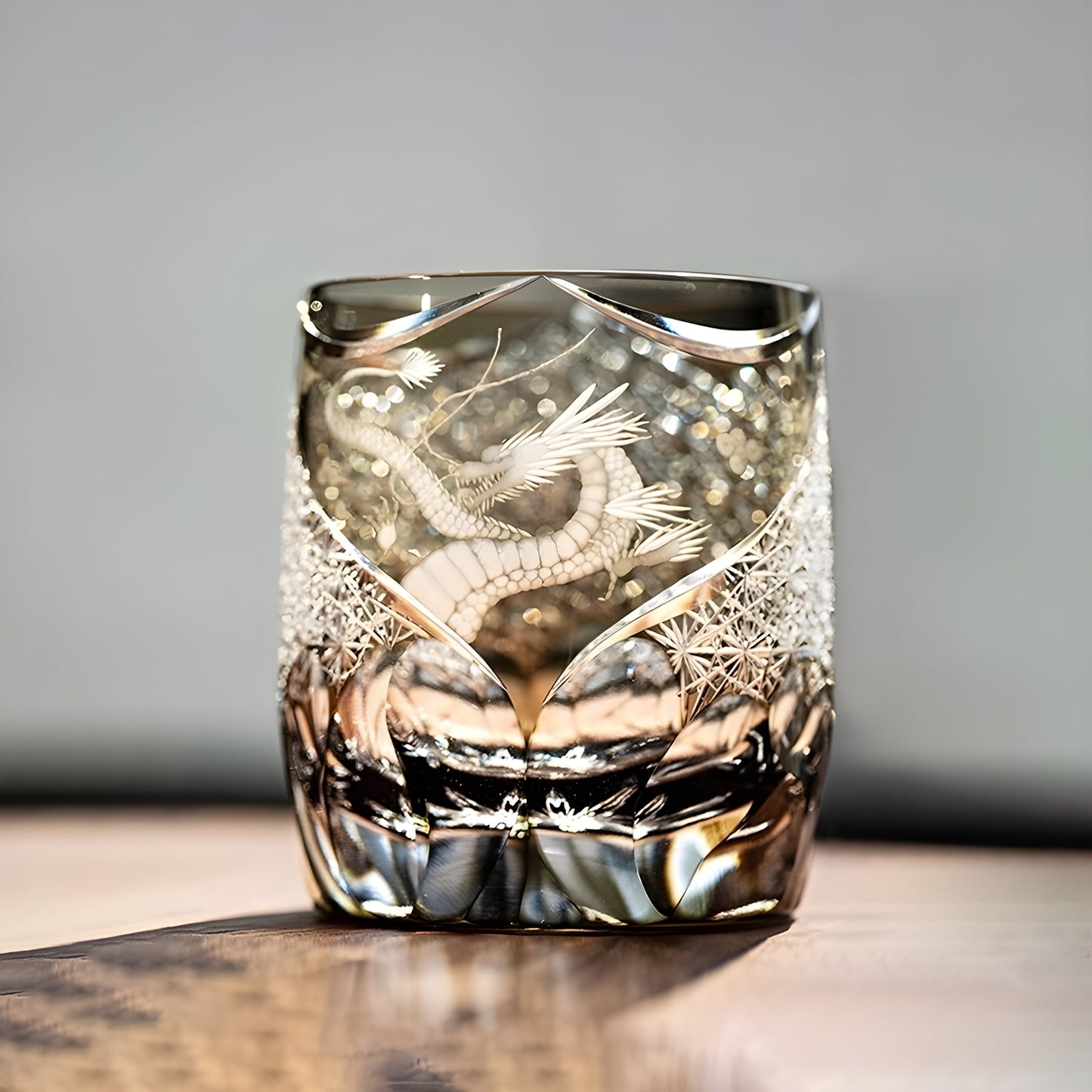 Bicchiere Edo Kiriko – Drago Ambra Intagliato – Scatola in legno GuerraHome