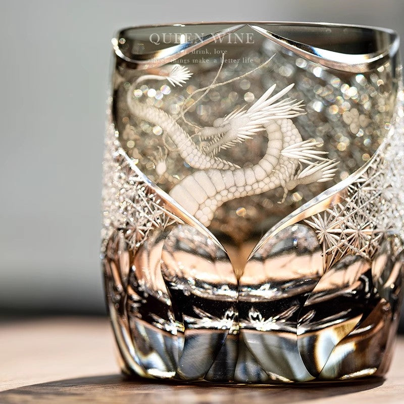 Chinese Style Loong Edo Kiriko Whiskey Glass Hand Engraved Dragon Amber Crystal Brandy XO Rock Wine Snifter Whisky Cup Gift Box GuerraHome