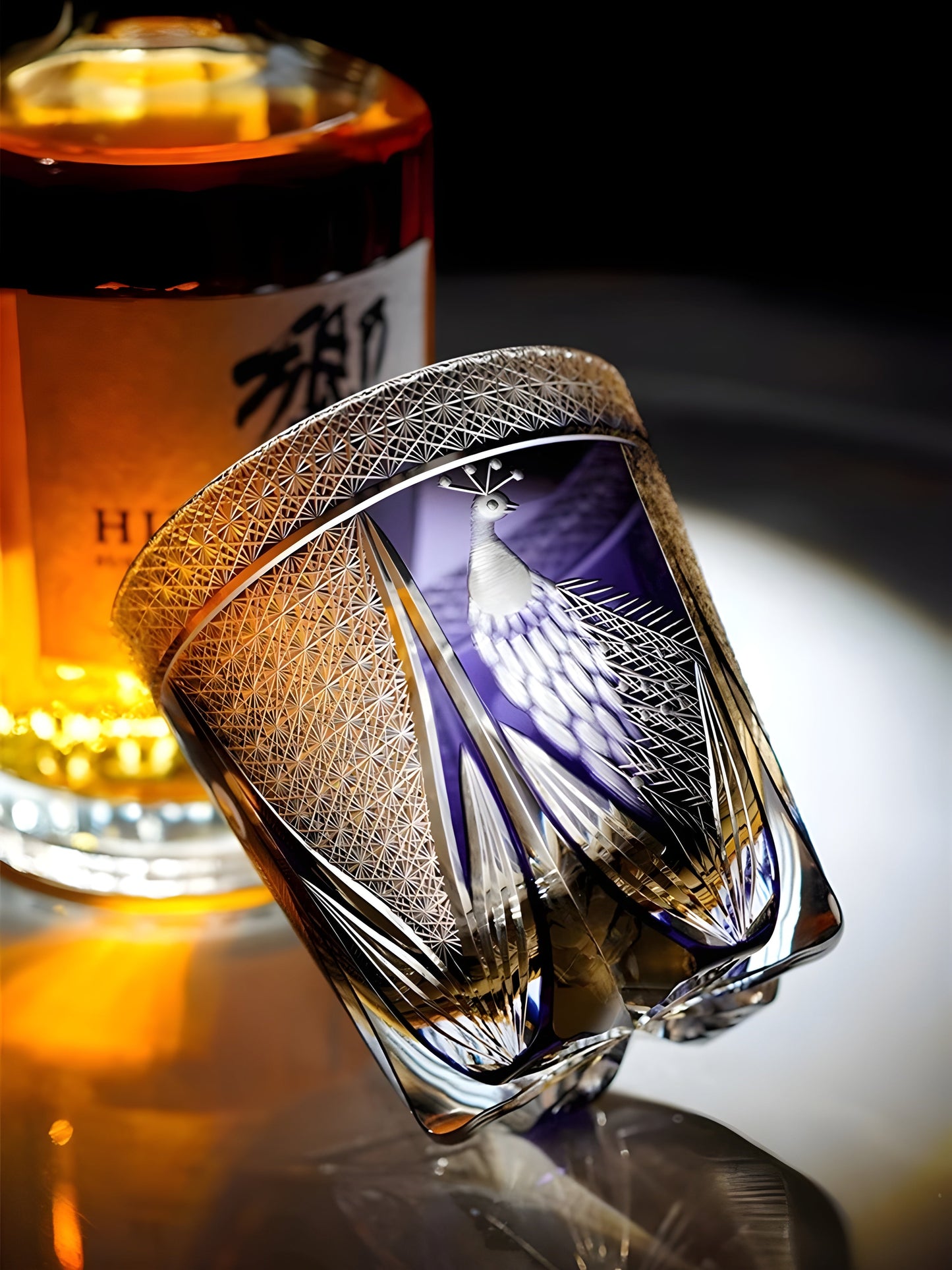 Bicchiere Edo Kiriko – ‘Pavone Viola’ – Scatola in legno GuerraHome
