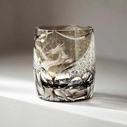 Chinese Style Loong Edo Kiriko Whiskey Glass Hand Engraved Dragon Amber Crystal Brandy XO Rock Wine Snifter Whisky Cup Gift Box GuerraHome