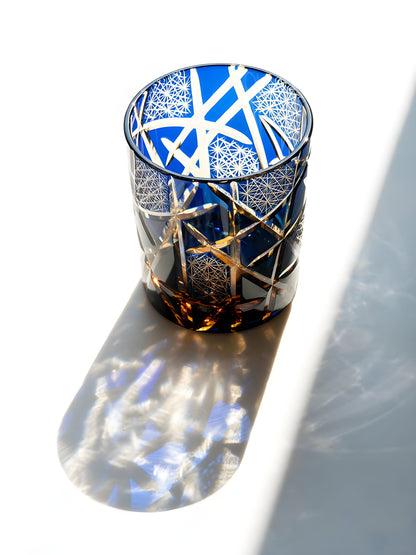 Bicchiere Edo Kiriko – ‘Fulmine Ambra Blu’ e 'Clear Blu' – Scatola in legno GuerraHome