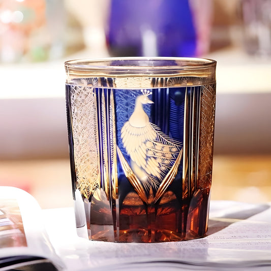 Bicchiere Edo Kiriko - Kagami Design “Pavone Blu Zaffiro” –  Scatola in Legno GuerraHome